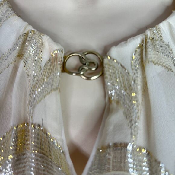 White House Black Market Silk Tank Top Sz L Gold Metallic Scallop Pattern Blouse - Picture 3 of 13
